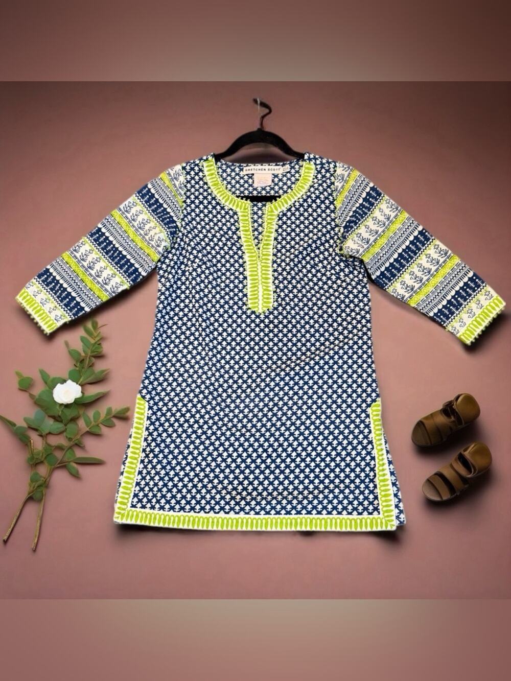 Gretchen Scott Navy Green Printed Tunic Dress 100% Cotton Beaded Trim Size XS